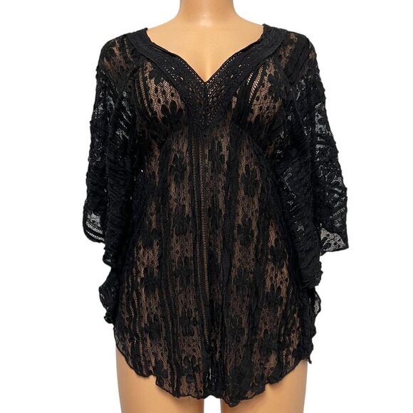 Solitaire Women's Black Sheath Blouse Knit V Neck Butterfly Sleeves Stretch - Picture 1 of 10